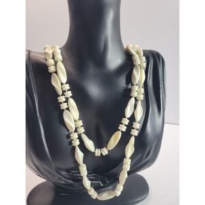 Long White Beaded Necklace Oval Spacer Beads Retro Mod Statement Jewelry